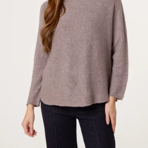 Ribbed High Neck Plain Jumper - Mocha